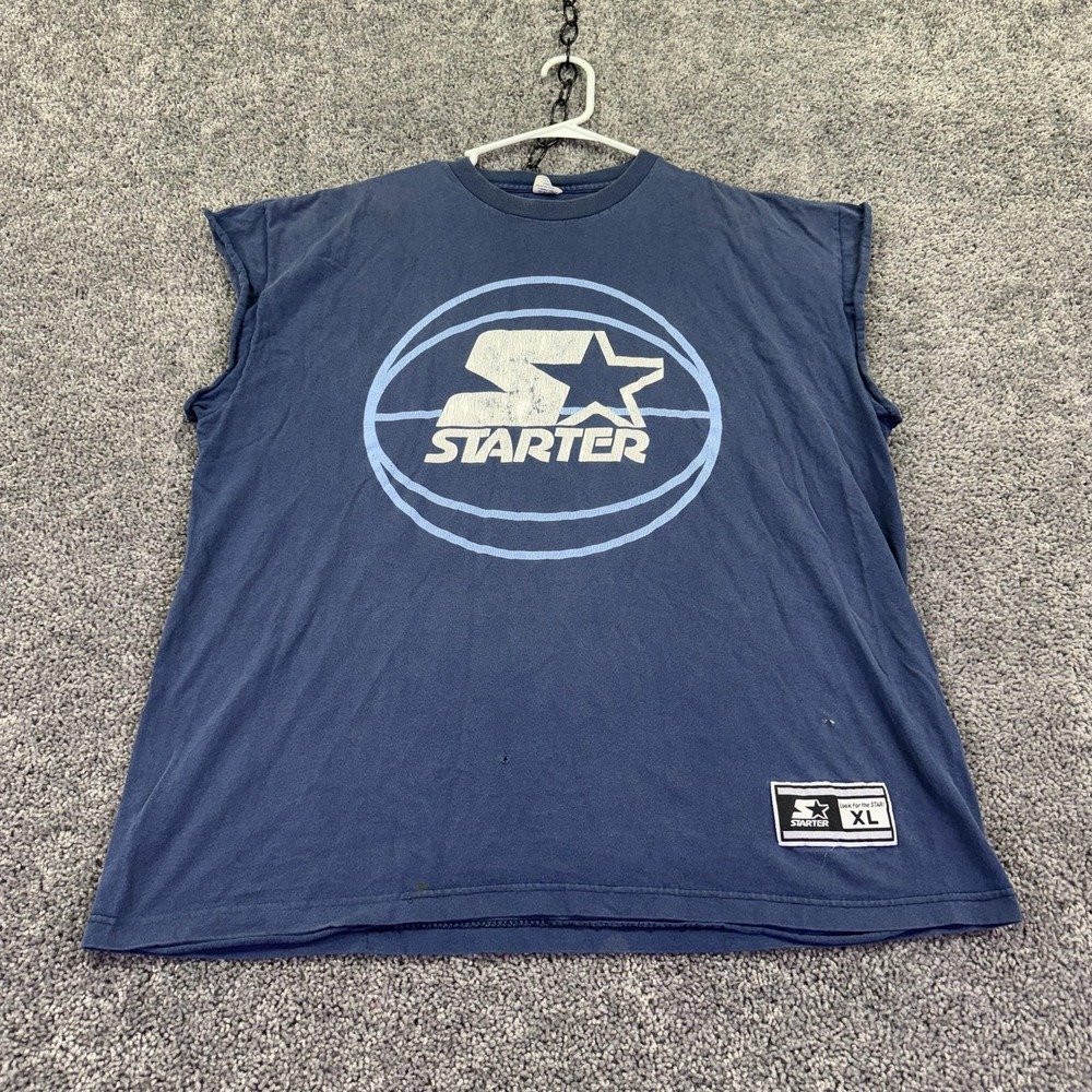 Vintage Starter Shirt Mens XL Blue Sleeveless Basketball Logo Tee USA Sports